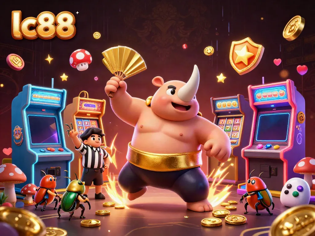 Experience thrilling gameplay with LC88's dynamic casino scene featuring a sumo champion beetle.
