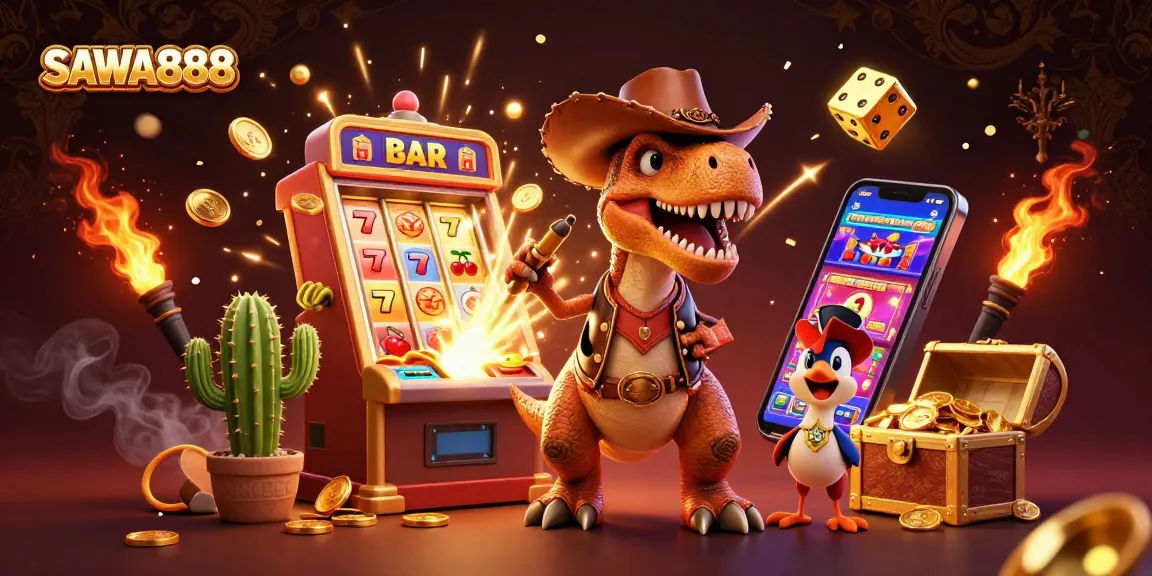 Experience thrilling spins with SAWA888 as the cowboy T-Rex and friends celebrate a jackpot explosion in a vibrant casino.