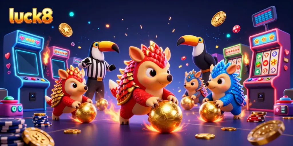 Experience the thrill of gambling with luck8 in a vibrant 3D casino scene featuring animated pangolins.