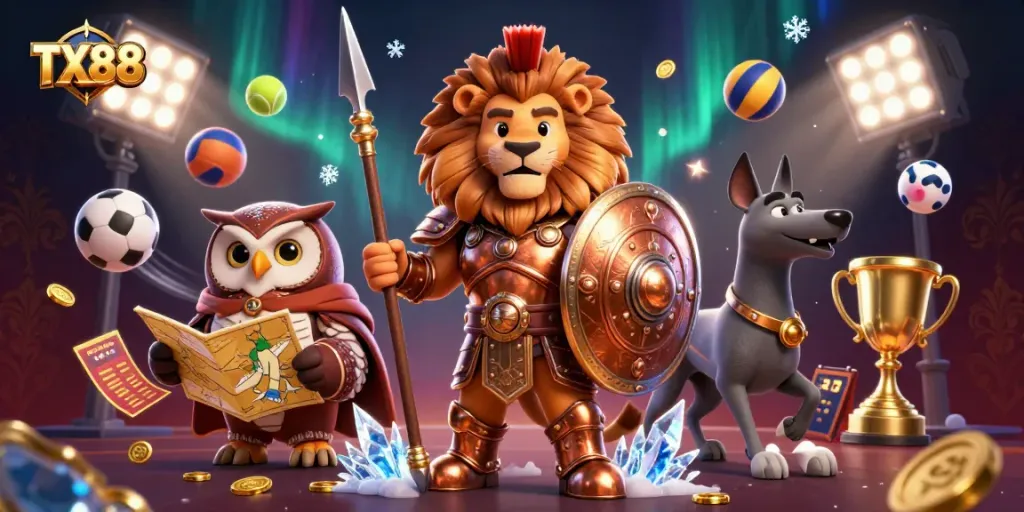 Experience the excitement of TX88 gaming, featuring a lion in bronze armor and sports betting elements.