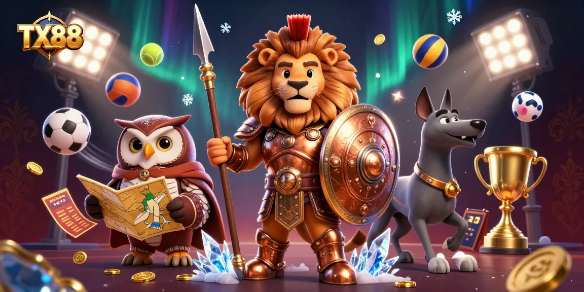 Experience the excitement of TX88 gaming, featuring a lion in bronze armor and sports betting elements.