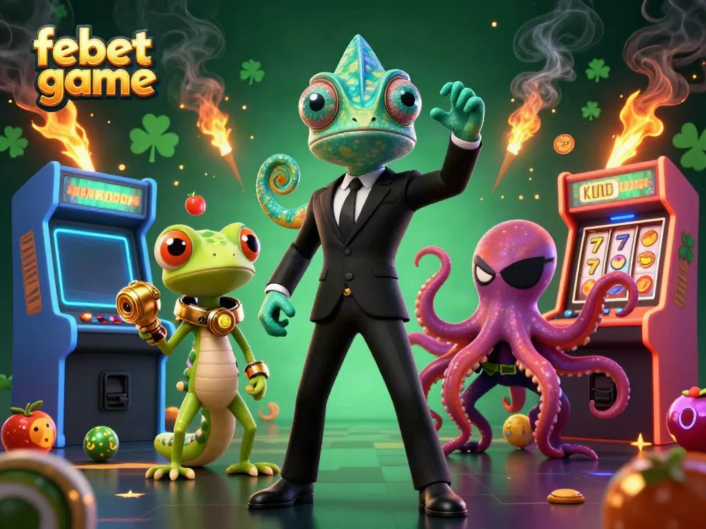 Experience the excitement of febet game with a chameleon agent, tech gecko, and octopus villain amidst colorful casino elements.