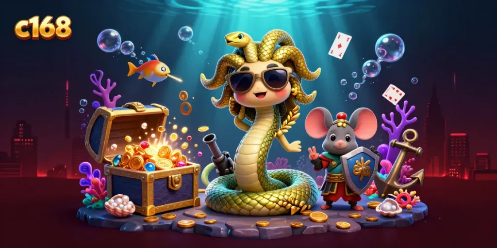 Experience thrilling gameplay in c168 with a colorful 3D illustration of characters and casino elements.