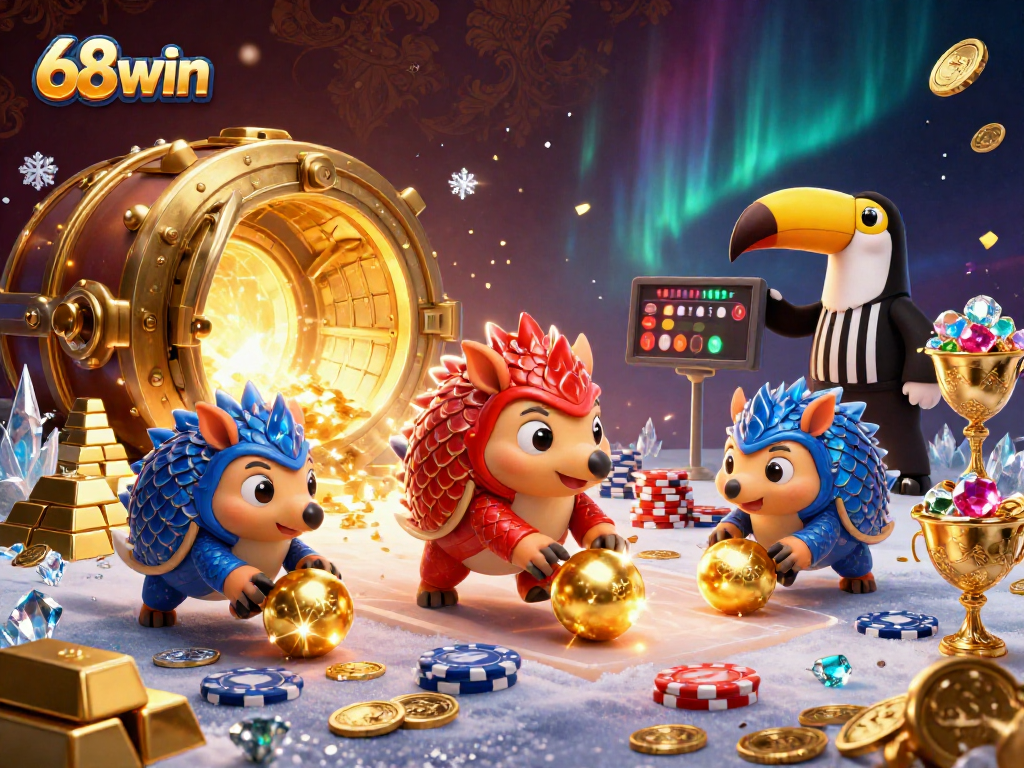 Experience the excitement of 68win as rival pangolins roll through a casino scene, showcasing a vibrant and dynamic gambling atmosphere.