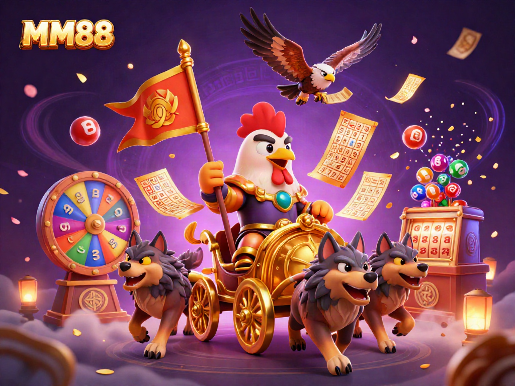 Engage with thrilling MM88 action featuring a rooster warlord and dynamic casino elements.