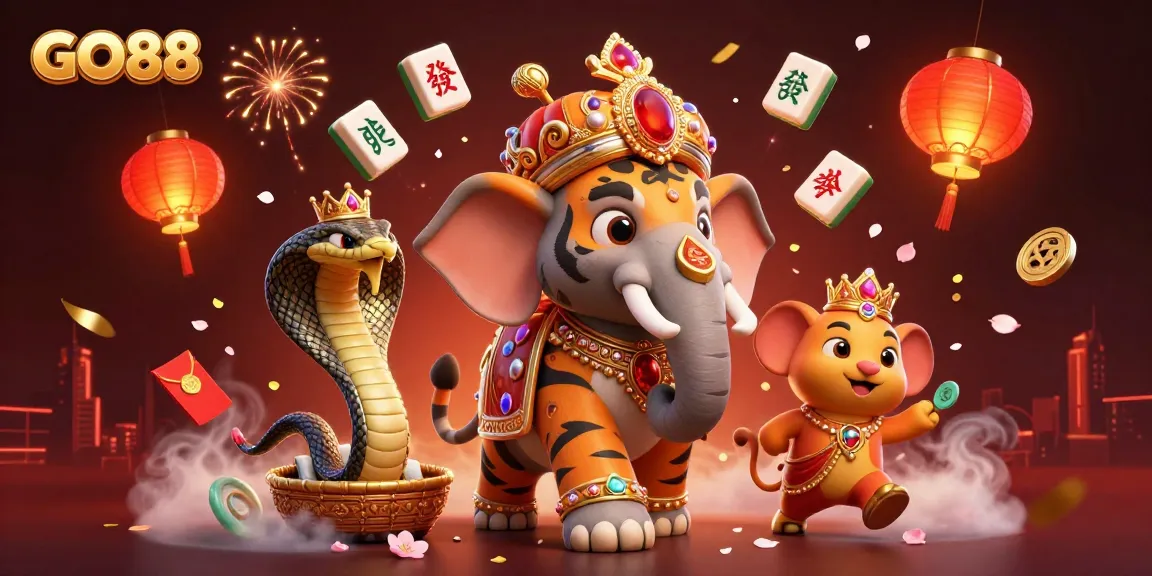 Experience GO88's vibrant gaming scene with a royal maharaja, elephant, and lucky symbols.