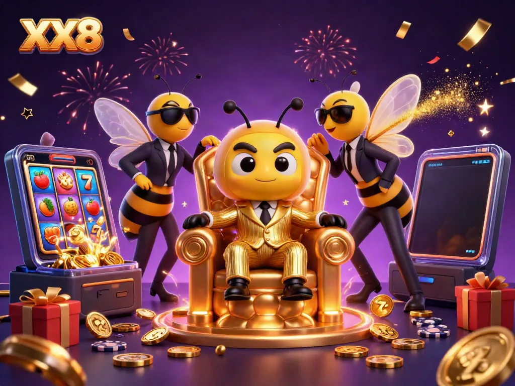 Engage in thrilling gameplay at XX8 with colorful slot games, golden coins, and dynamic casino elements.