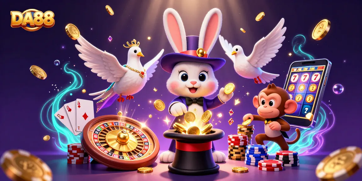 DA88 showcases a magician rabbit and dove amidst vibrant casino elements, capturing the excitement of gambling.