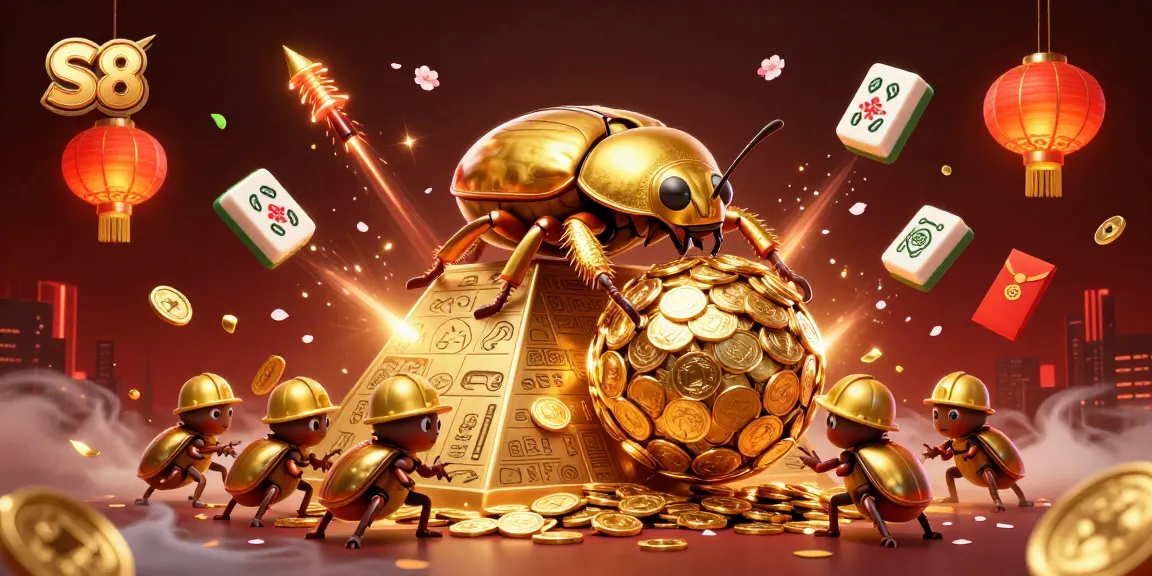 S8 casino illustration of a golden beetle rolling coins, embodying a rich gambling theme