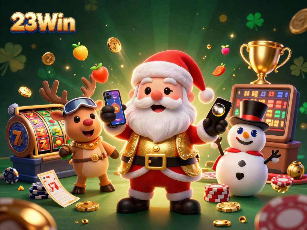 Experience thrilling jackpots with 23Win's vibrant casino scene featuring Santa and friends.