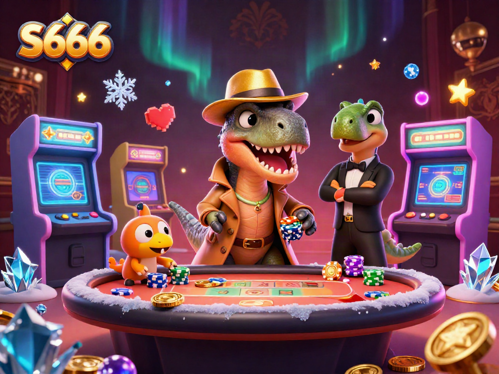 S666 card counter velociraptor discreetly plays blackjack amidst arcade decorations, capturing casino essence.