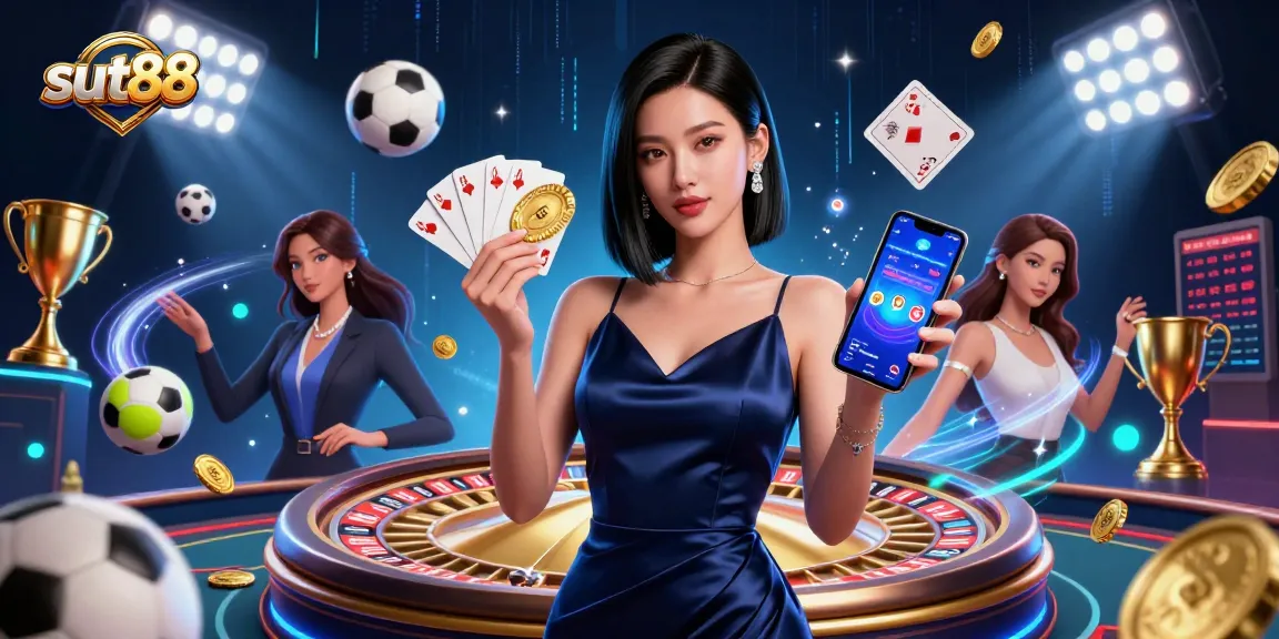 Sut88 captures thrilling online casino action with a confident Asian woman showcasing a casino app.