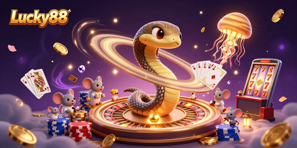 Lucky88 players bet on cosmic roulette with vibrant 3D casino elements and shimmering treasures.
