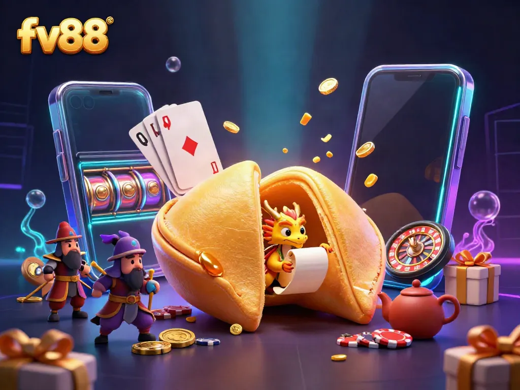 Engage with exciting gameplay at fv88, featuring a vibrant 3D illustration with fortune cookie, dragon, and gaming elements.