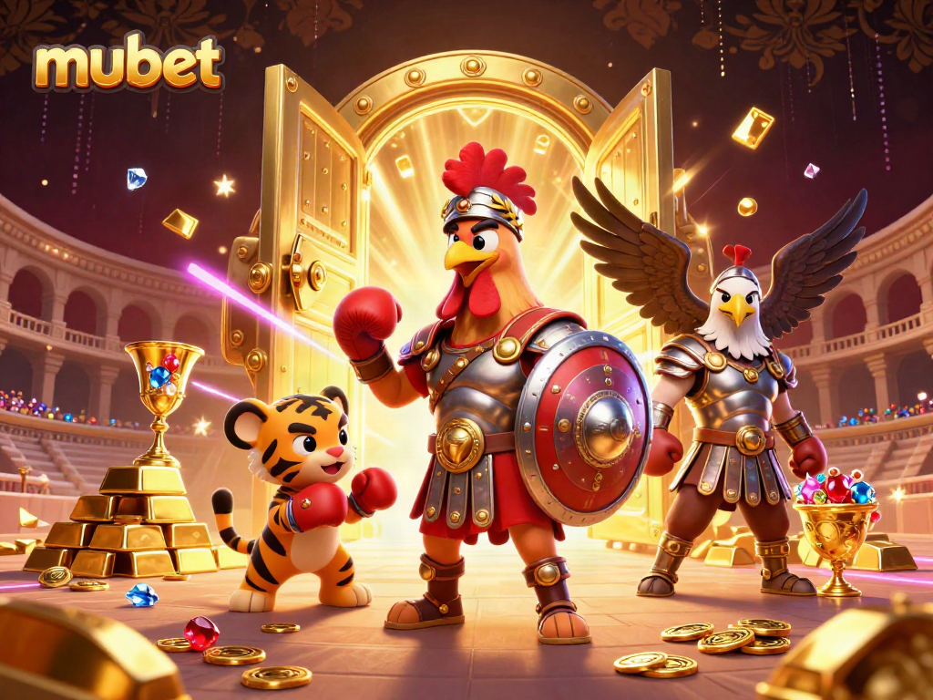 Experience exhilarating action with mubet as a gladiator rooster and tiger cub fight in a dazzling treasure-filled arena.