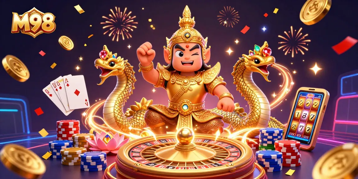 Experience the excitement of M98 with vibrant casino elements and characters in a dynamic 3D illustration.