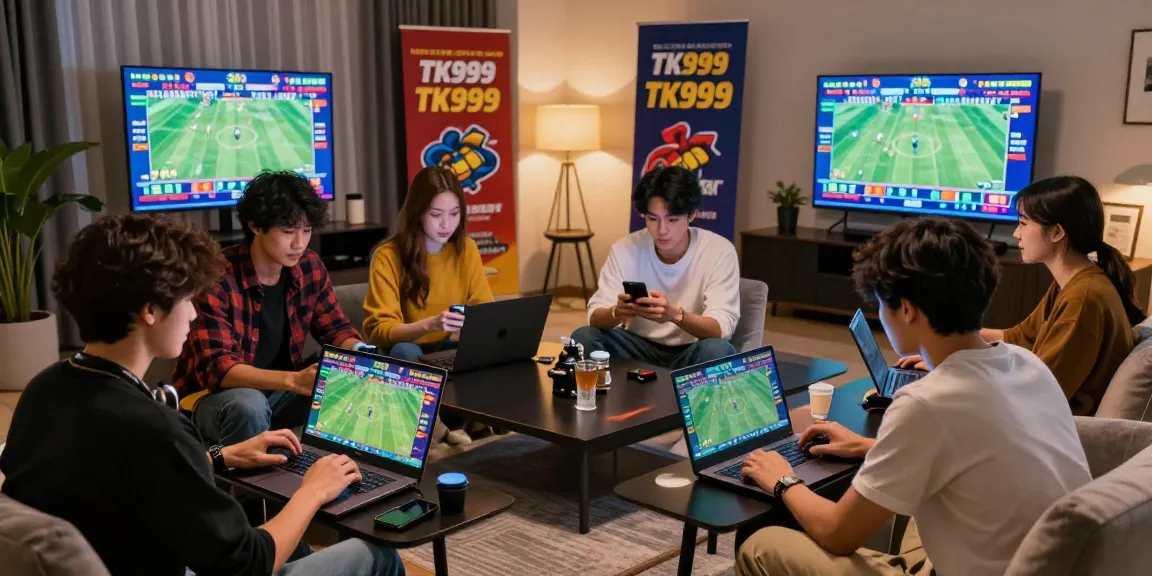 Exciting online sports betting scene with friends engaging in TK999 promotions and games in a modern living room.