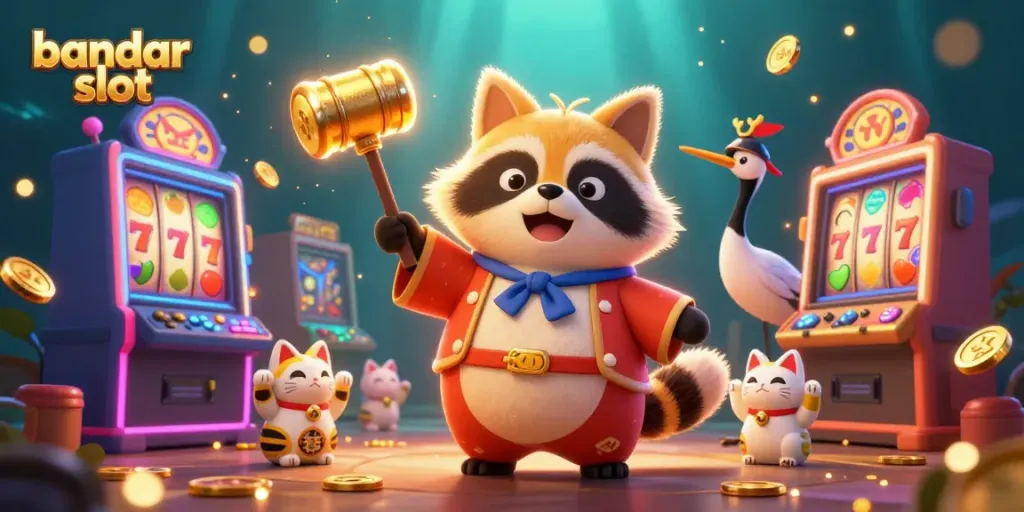 Experience thrill with bandar slot featuring lucky tanuki, colorful slot machines, and fortune cats.