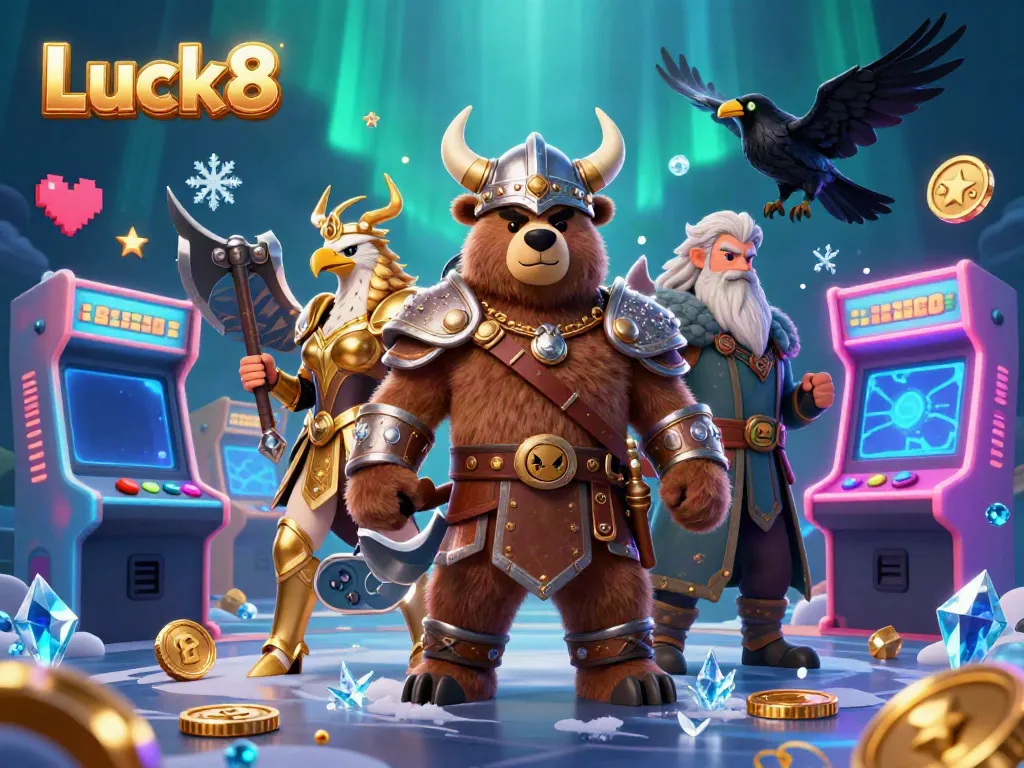 Experience thrilling adventures at Luck8 while enjoying various casino games in vibrant 3D illustration.