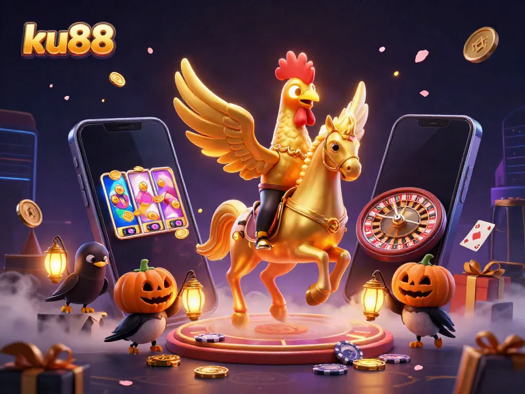 Experience thrills with ku88: a vibrant 3D illustration of casino gaming adventures featuring a golden rooster.