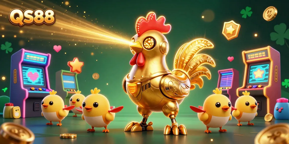 Engage with the QS88 casino world featuring a dynamic retro-futuristic rooster robot amidst colorful arcade themes.