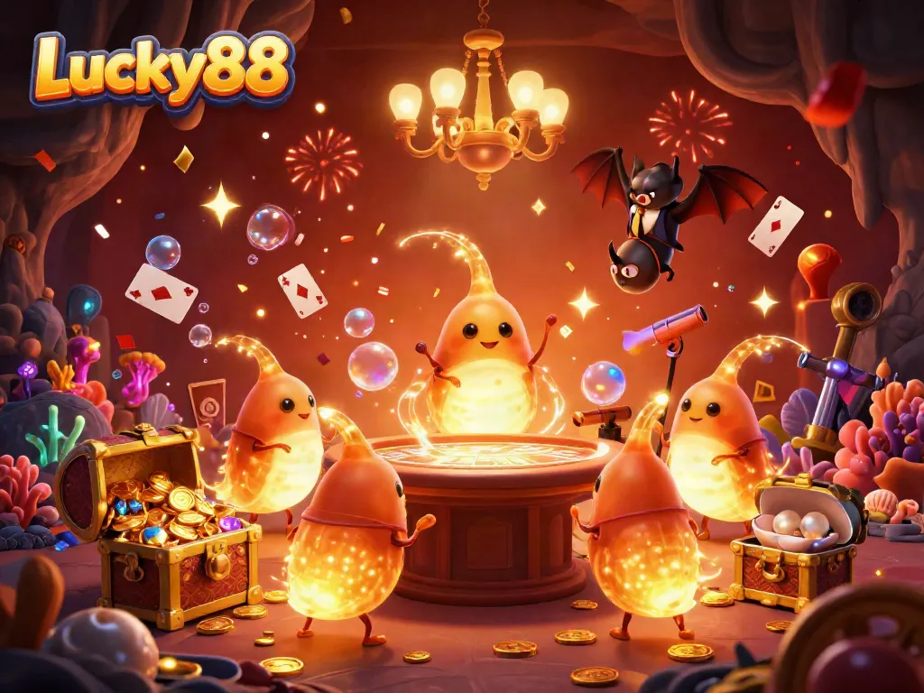 Experience the vibrant Lucky88 casino scene illuminated by glowing glowworms and an upside-down bat dealer in a unique underwater setting.