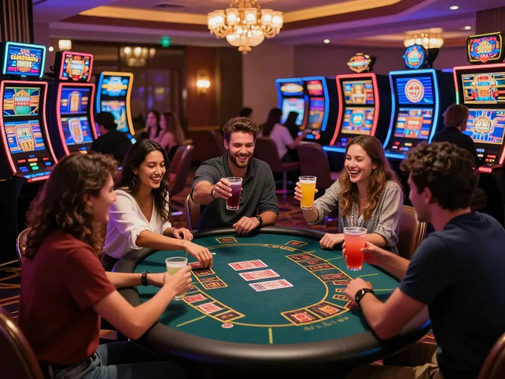 Celebration at a non Gamstop casino with friends enjoying games and drinks.