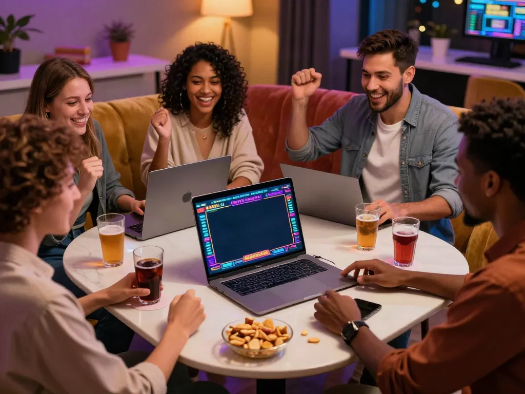 Friends celebrating a big win at non GamStop casinos while enjoying a fun gaming session.