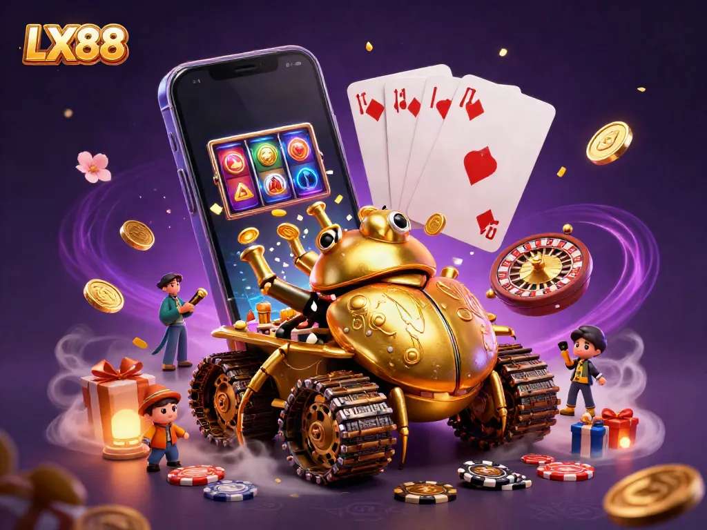 Experience exciting gaming action with LX88 in a vibrant casino-themed 3D illustration.