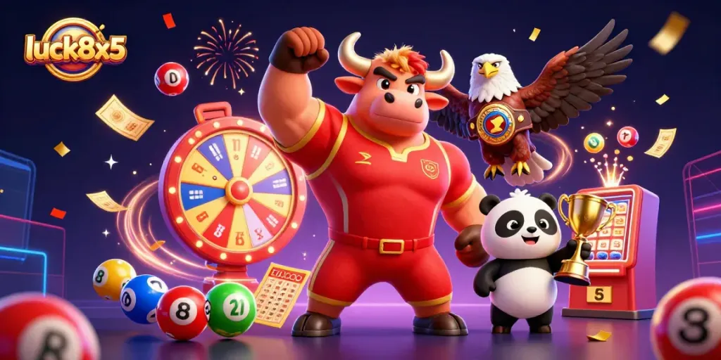 Experience excitement with luck8x5 as a victorious bull mascot celebrates beside an eagle and panda amidst vibrant gaming elements.