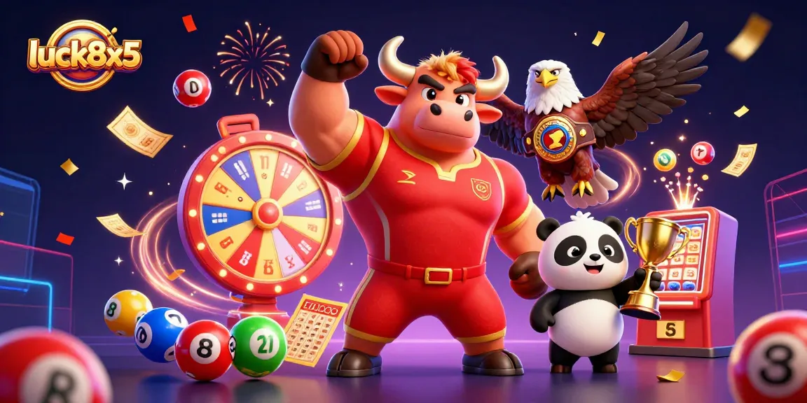 Experience excitement with luck8x5 as a victorious bull mascot celebrates beside an eagle and panda amidst vibrant gaming elements.