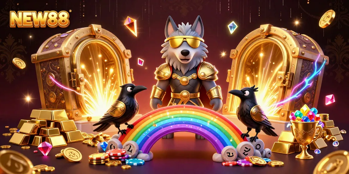 Experience the excitement of NEW88 with dynamic casino characters and treasures in a vibrant fantasy setting.