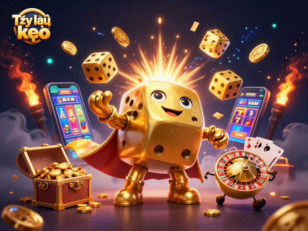 Tỷ lệ kèo boosts excitement with a vibrant 3D casino scene featuring golden dice and slot machines.