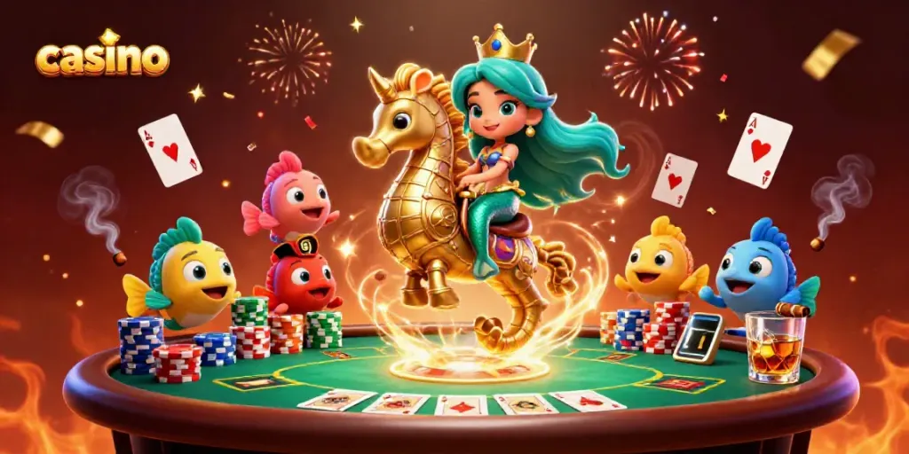 Engaging casino scene featuring a mermaid princess and giant seahorse amidst poker elements.