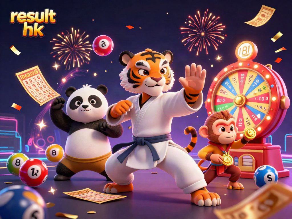 Engage with result hk through vibrant lottery elements and dynamic casino characters in this festive illustration.