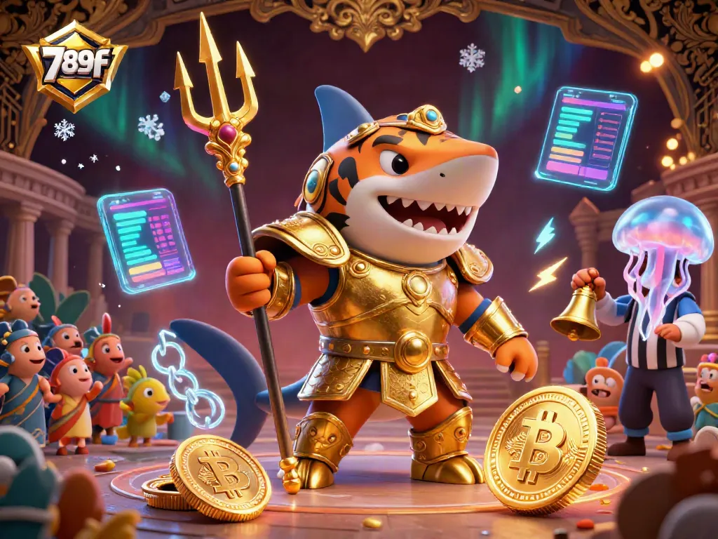 Experience thrilling underwater battles with 789f's tiger shark gladiator in a vibrant casino-themed arena.