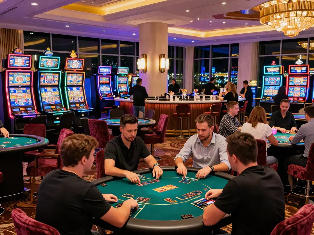 Welcoming atmosphere of non Gamstop casinos with lively gaming tables and vibrant decor.