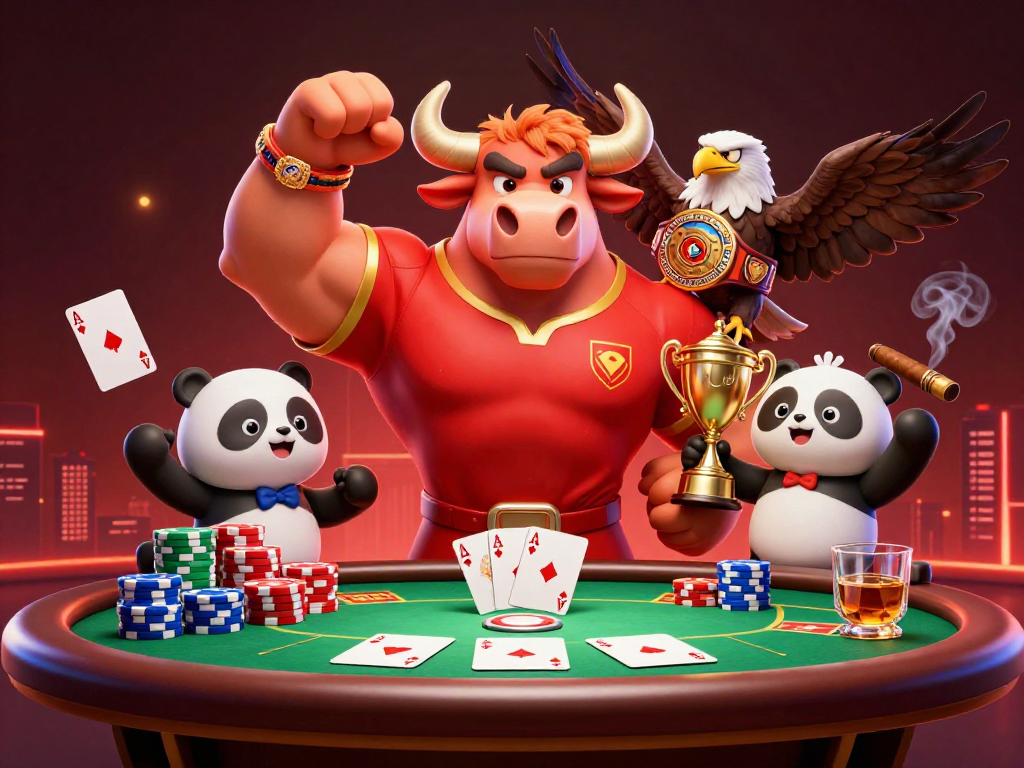 Celebrate sun win victories with a dynamic 3D scene featuring a bull mascot and poker elements.