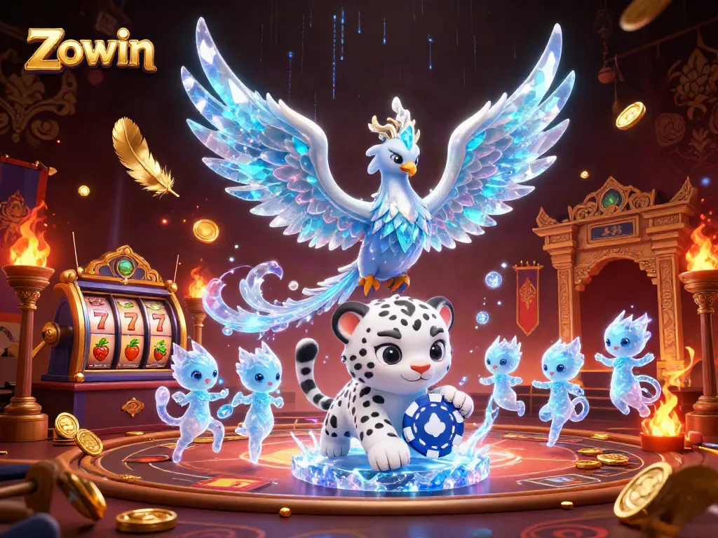 Experience Zowin's vibrant 3D casino scene featuring an ice phoenix, snow leopard, and glowing sprites.