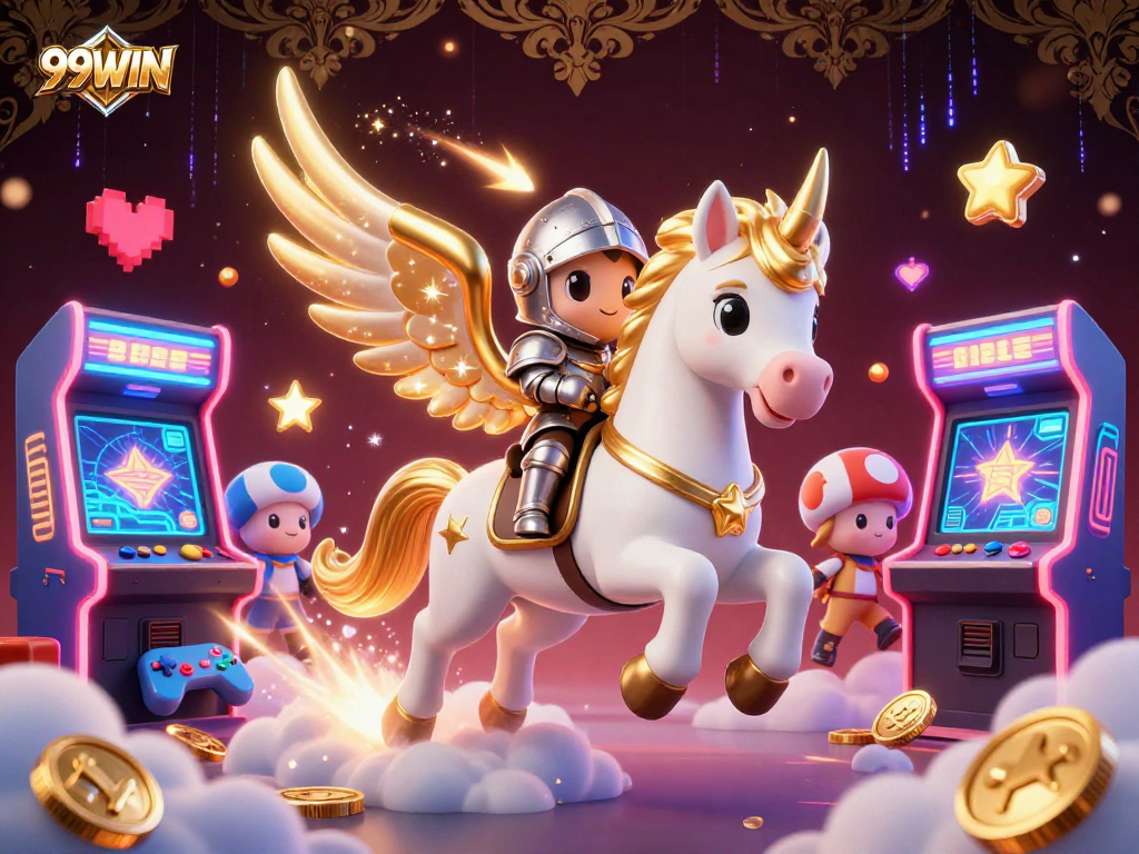Experience exciting gaming adventures with 99WIN's celestial knight in a vibrant casino scene.