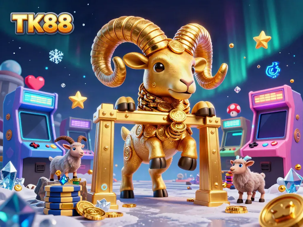 Engage with TK88's immersive gaming experience featuring a golden ram charging through a casino gateway.