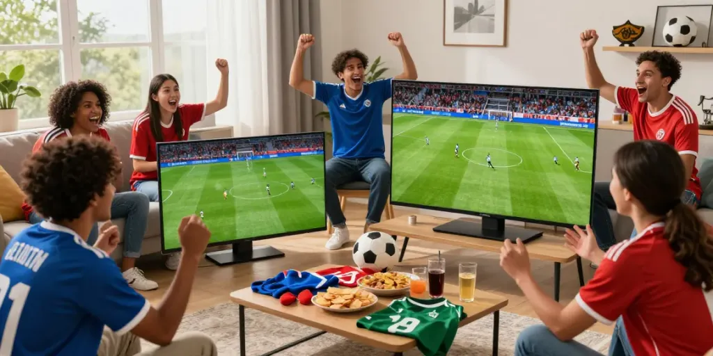 Friends enjoying a live soccer match on Socolive in a vibrant living room setting.