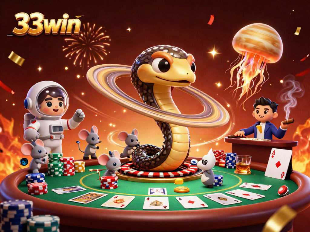 Experience thrilling bets with 33win's cosmic casino featuring cartoon characters in a vibrant scene.