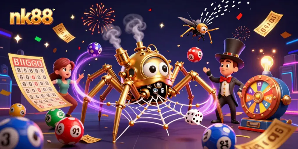 Experience thrilling nk88 gameplay with a lively steampunk spider ensnaring games of chance and excitement.
