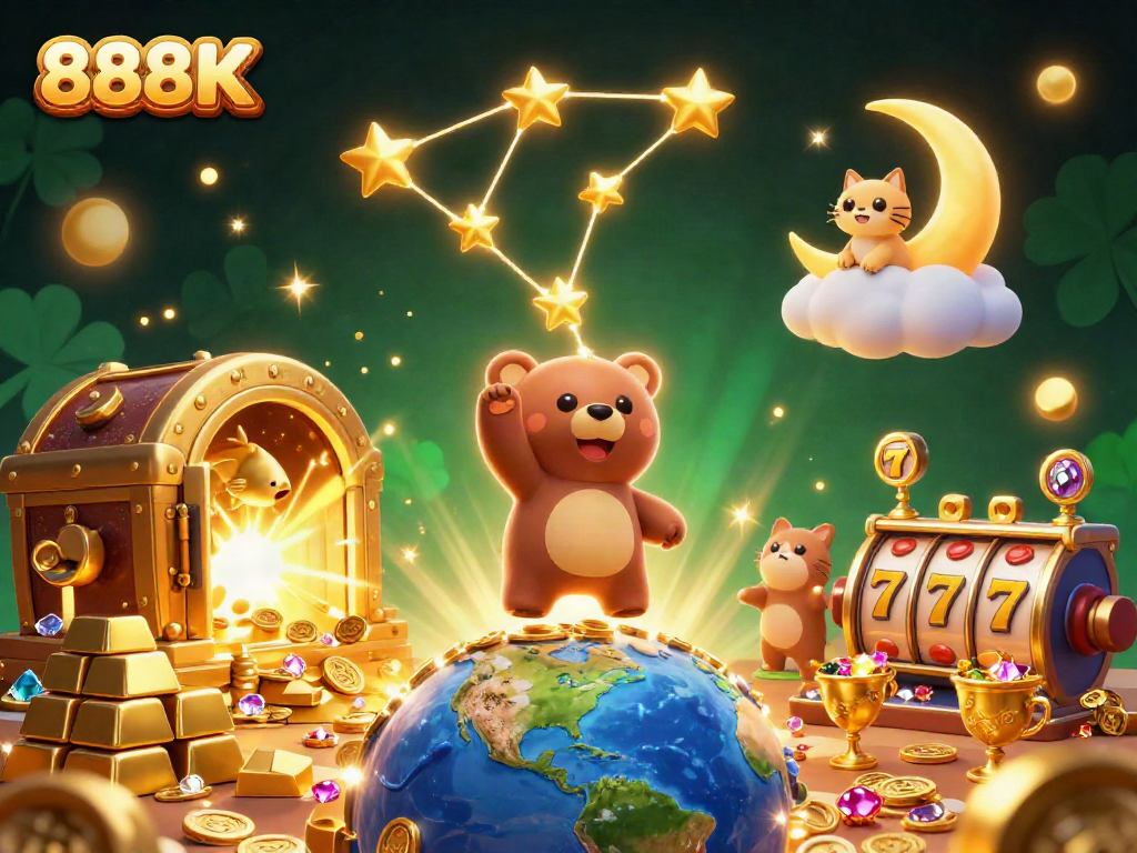 Engage with 888K in a vibrant casino scene featuring lucky symbols and treasures.