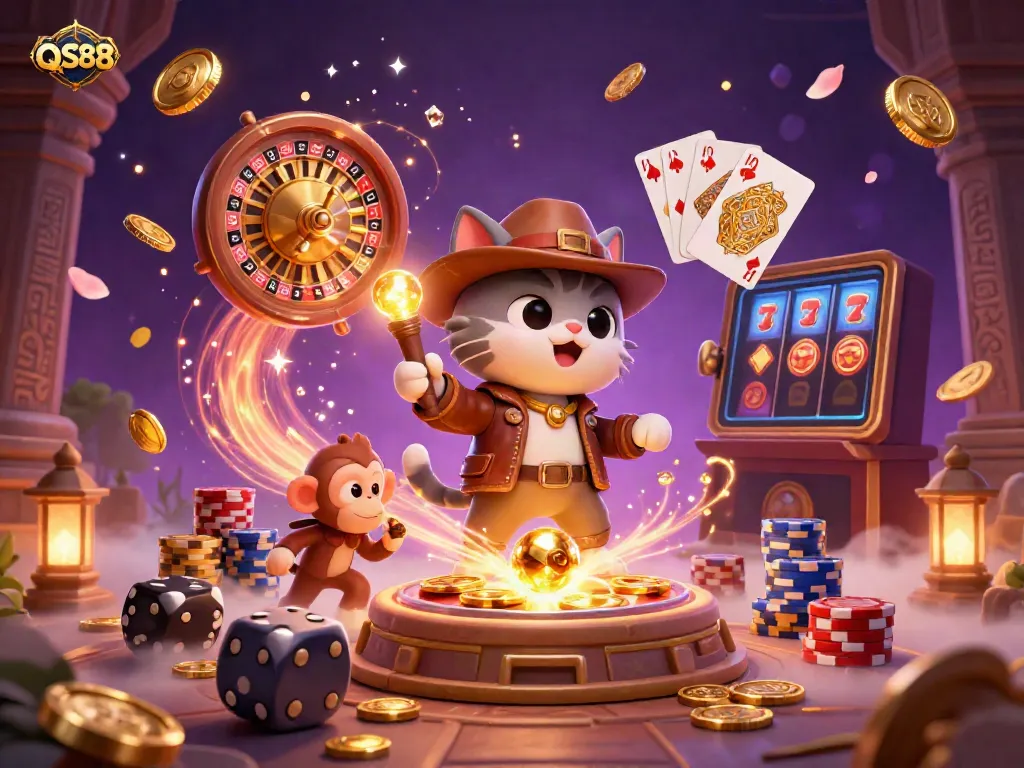 Experience the excitement of winning at QS88 Casino with a vibrant 3D illustration of a cat explorer and a monkey companion discovering treasures.