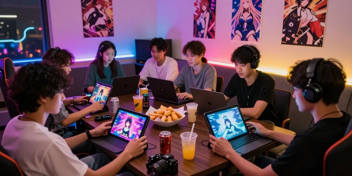 Friends playing hentai games in a vibrant gaming lounge atmosphere