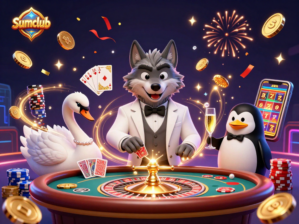 Experience the excitement at Sumclub with a 3D cartoon wolf, swan, and penguin in a colorful casino scene.