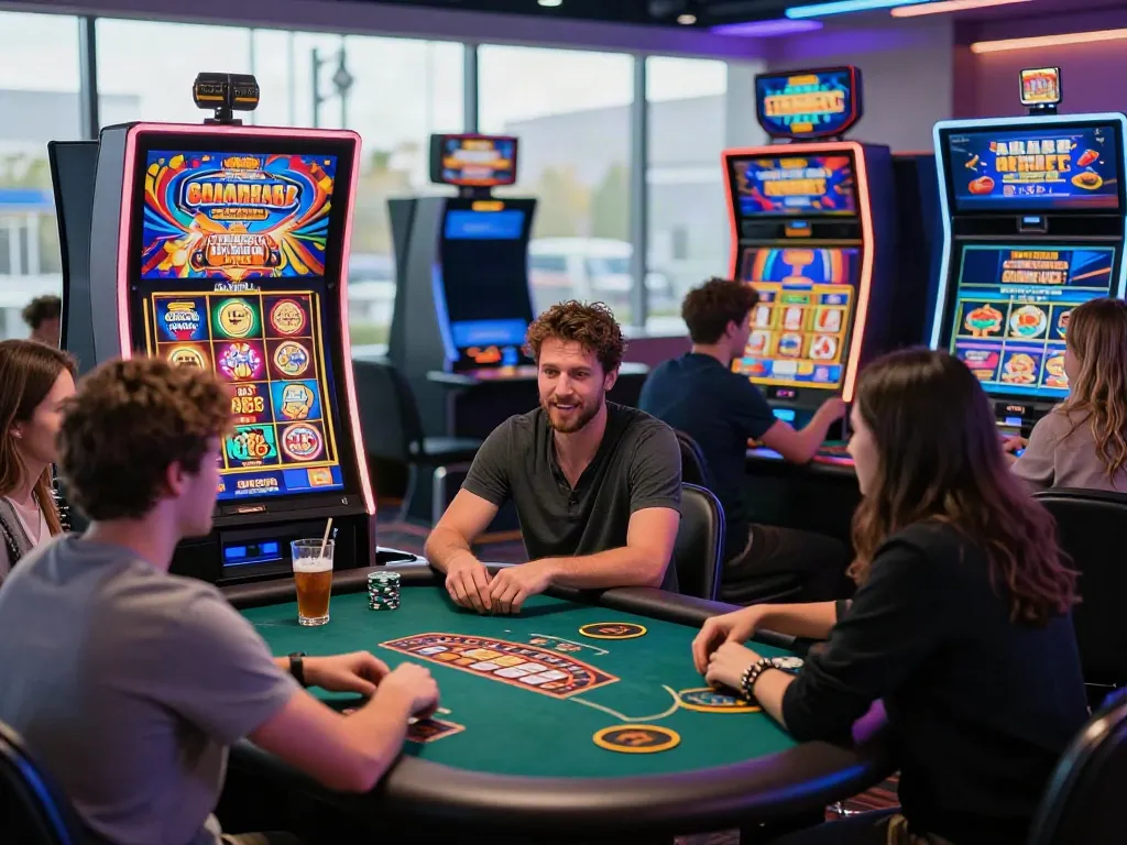 Diverse players enjoying exciting games at non GamStop casinos with vibrant atmosphere and modern decor.