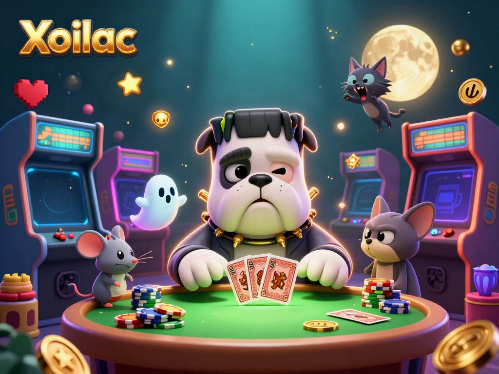 Xoilac showcases a lively casino scene with a Frankenstein bulldog dealing cards and vibrant gaming elements.
